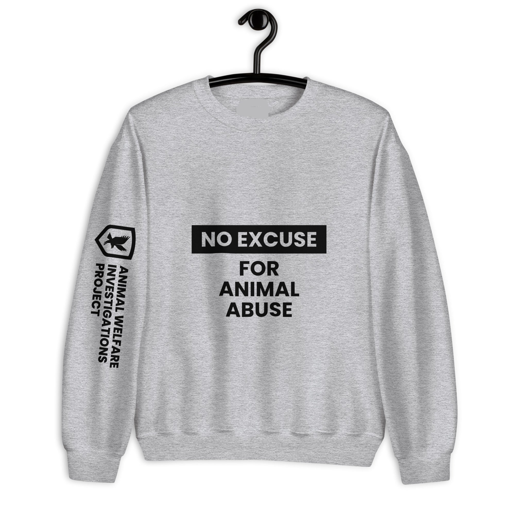 Gray sweatshirt with 'No Excuse for Animal Abuse' text on a hanger